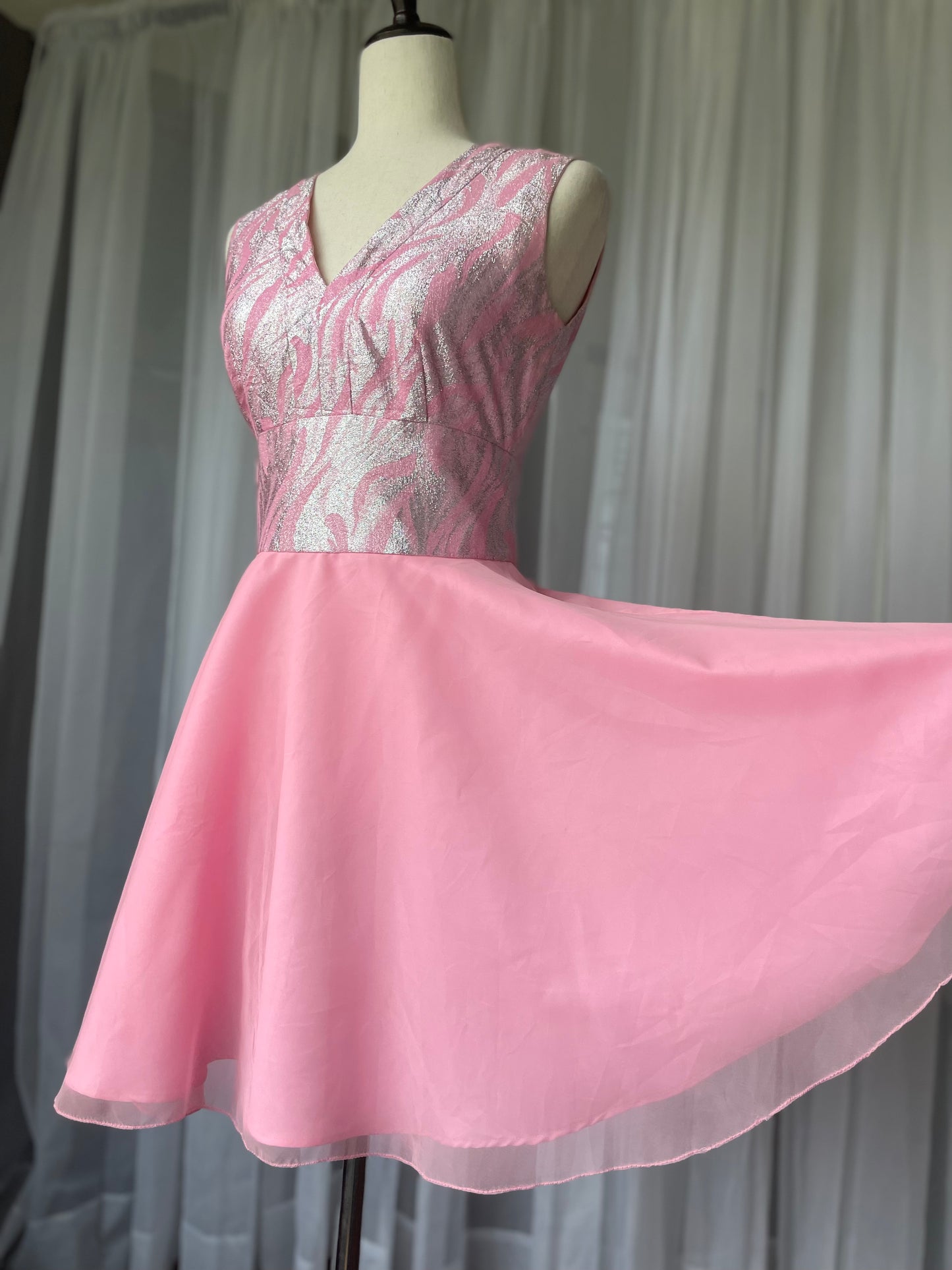 Pink and silver lurex 60s twirly mini dress