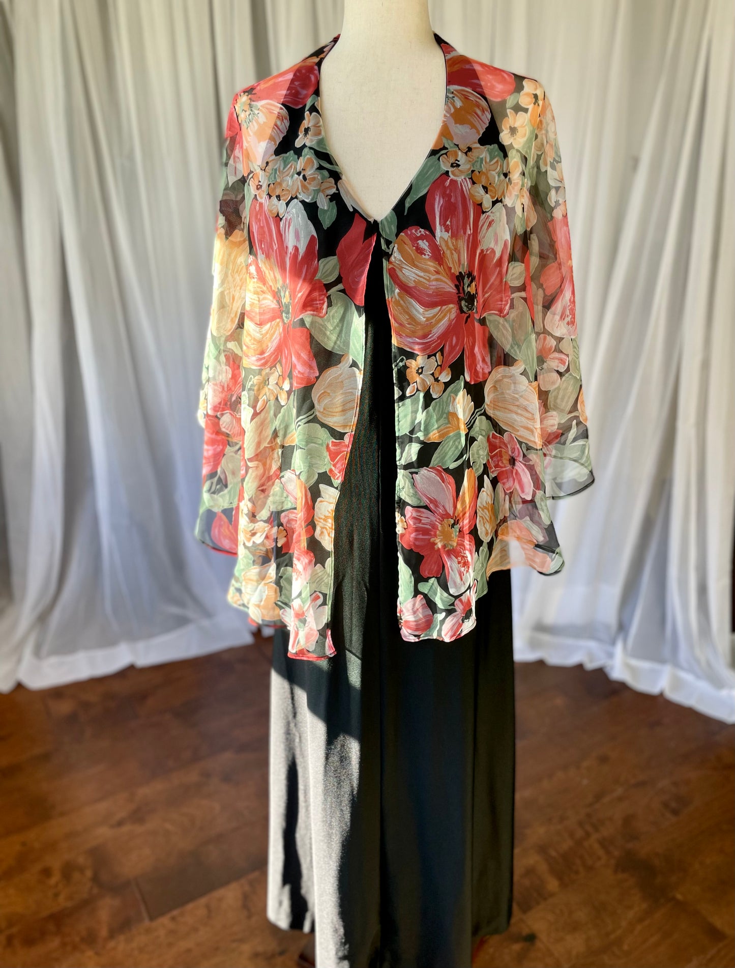 Sexy 70s halter maxi with sheer floral cape