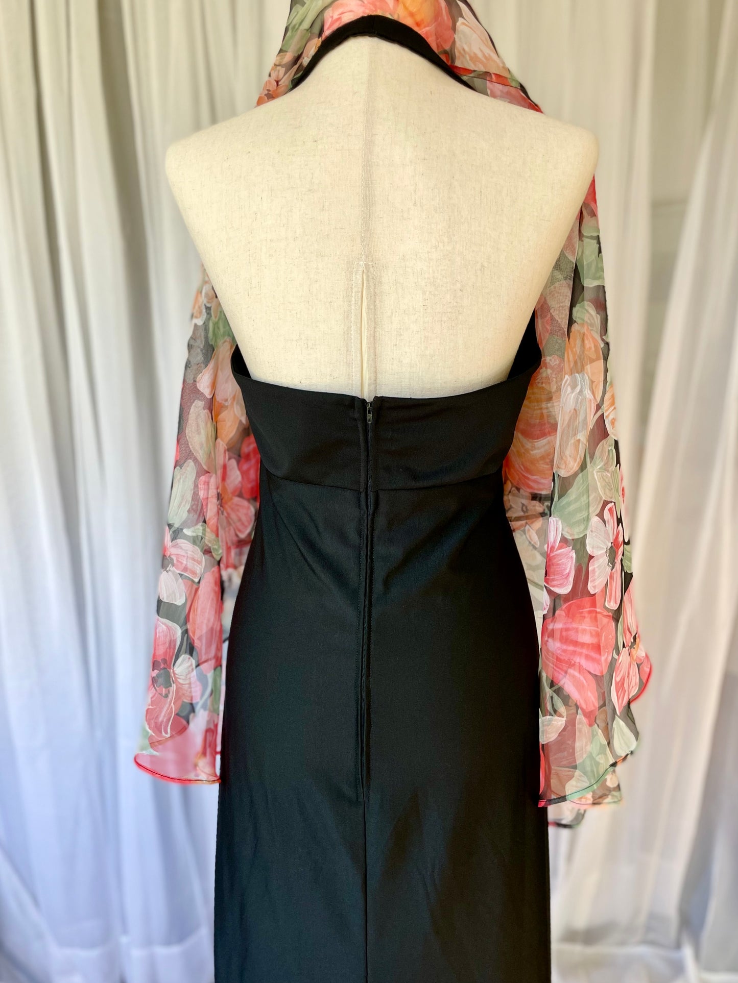 Sexy 70s halter maxi with sheer floral cape