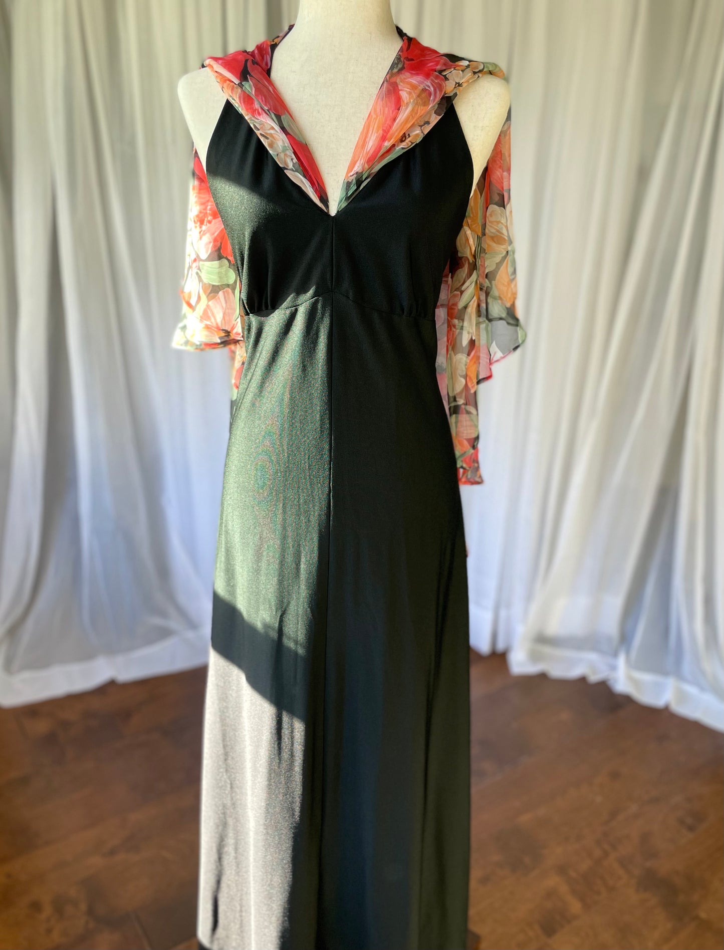 Sexy 70s halter maxi with sheer floral cape