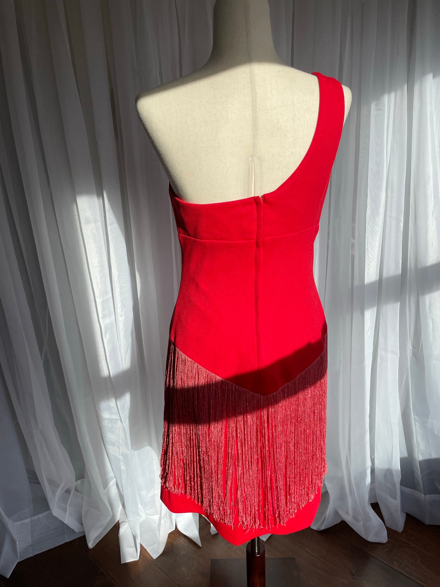 Cherry red 70s Fredericks of Hollywood fringe mini dress