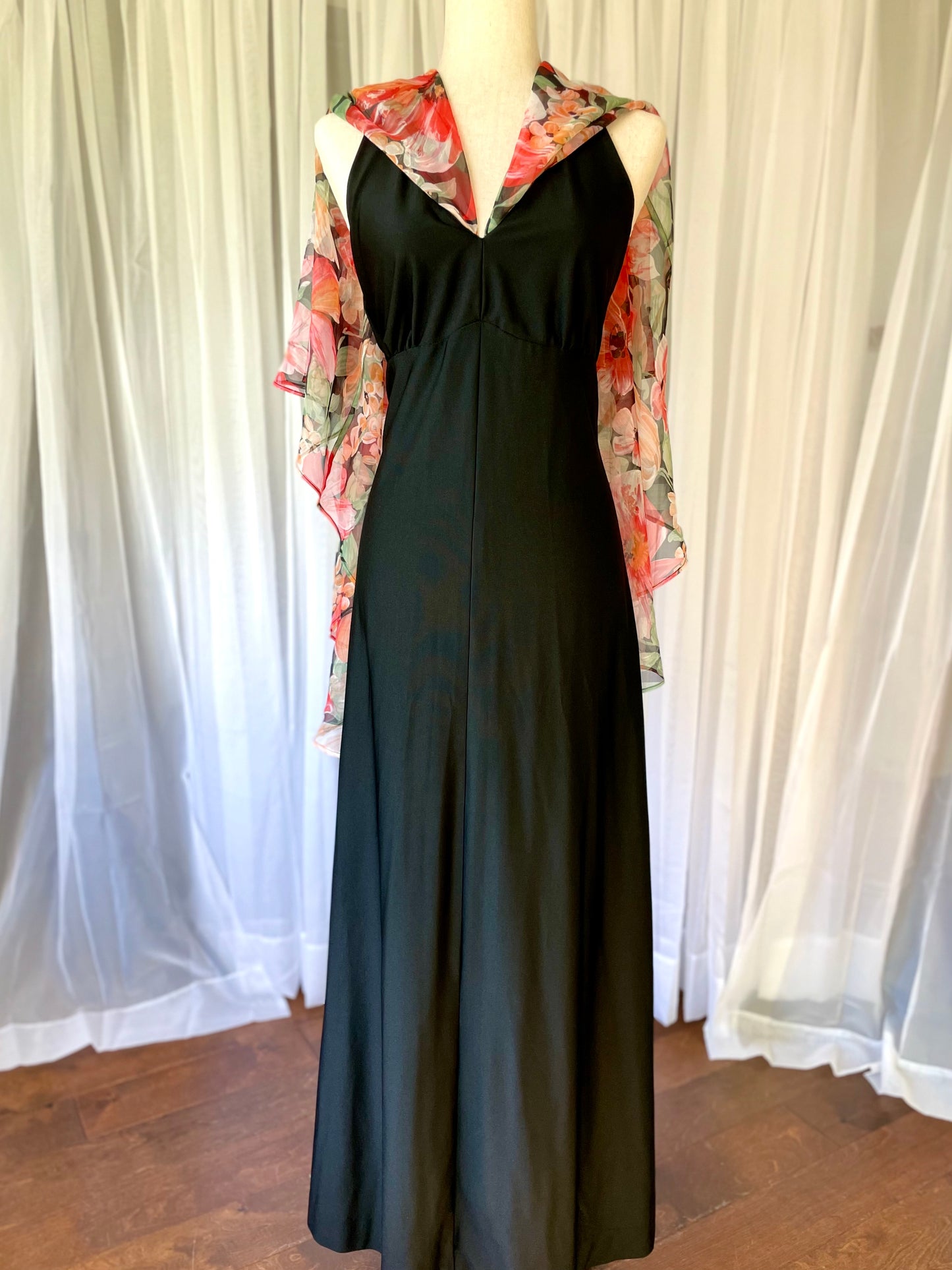 Sexy 70s halter maxi with sheer floral cape