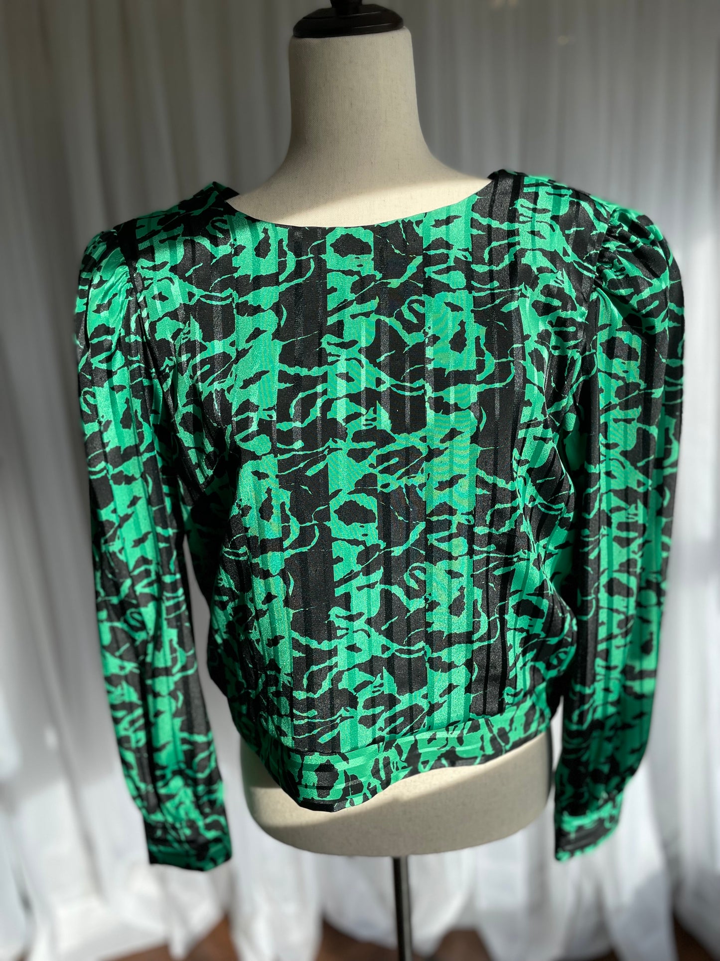 Green and black 80s draped blouse