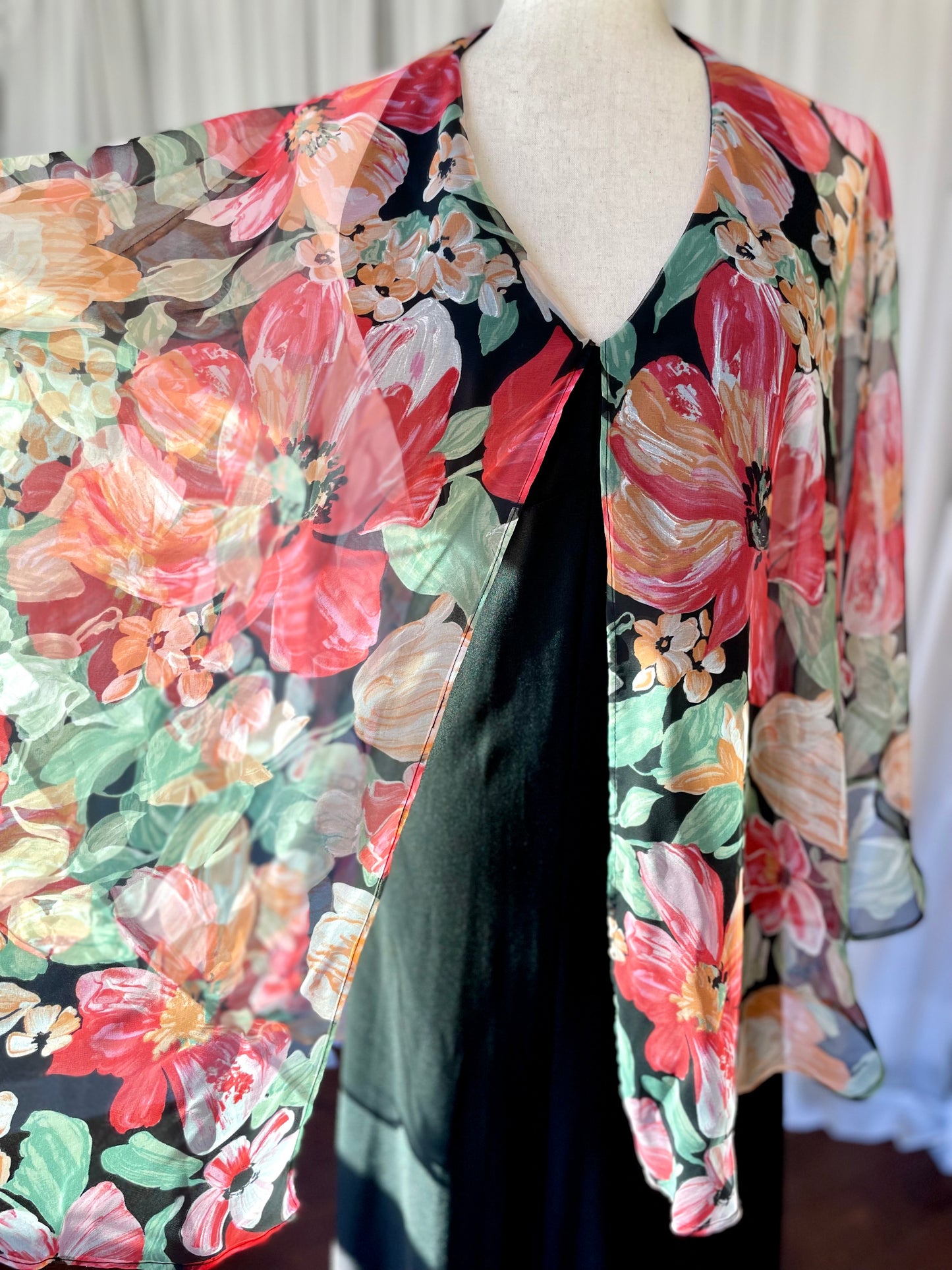 Sexy 70s halter maxi with sheer floral cape