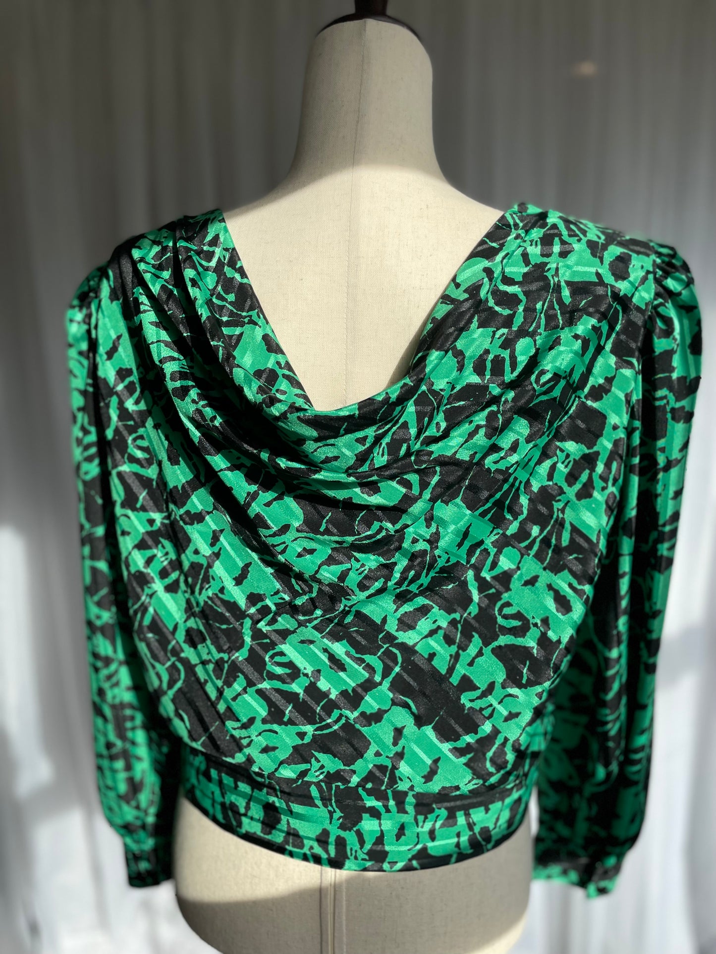 Green and black 80s draped blouse